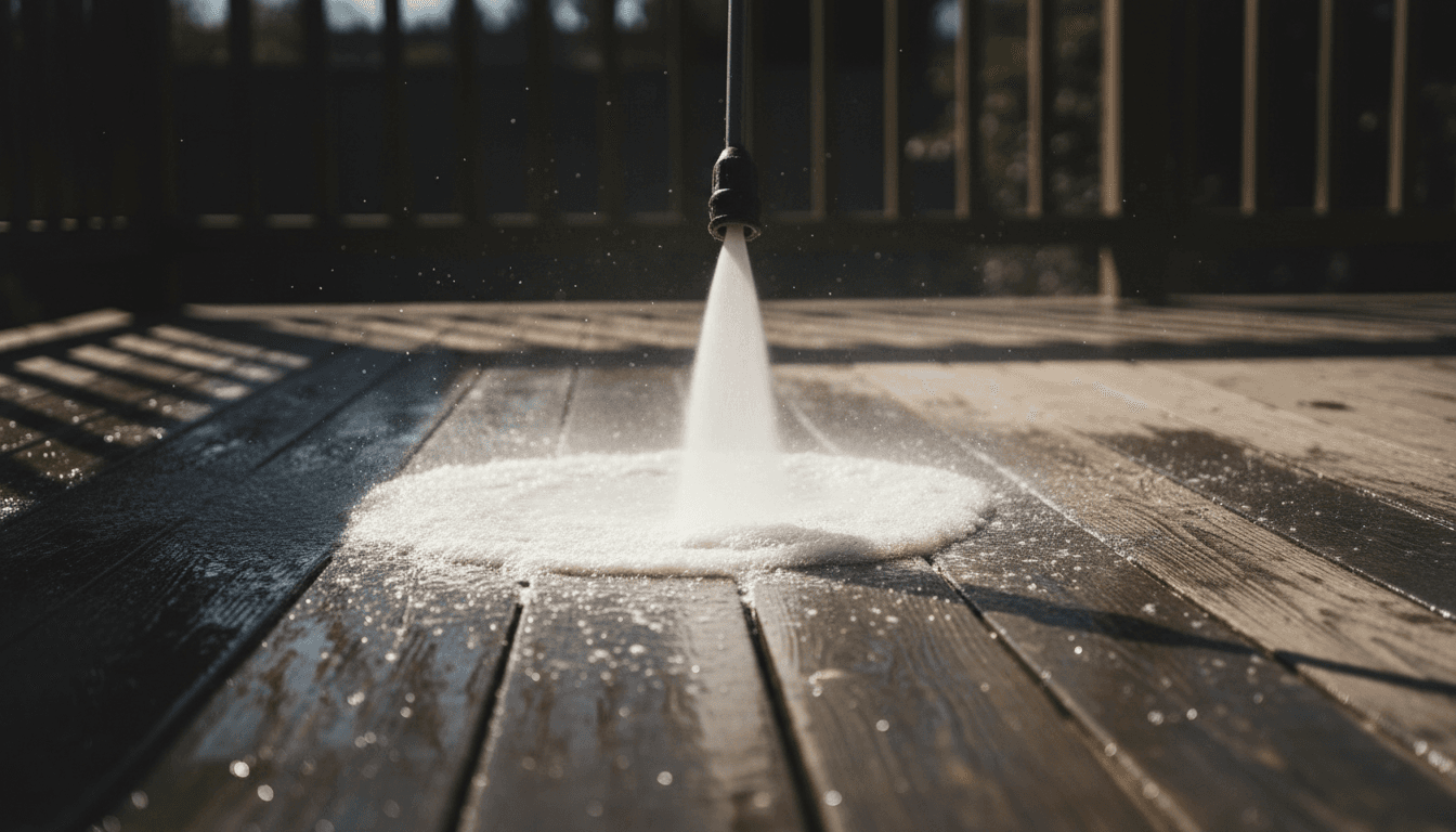 Pressure washer spraying water on a wooden deck