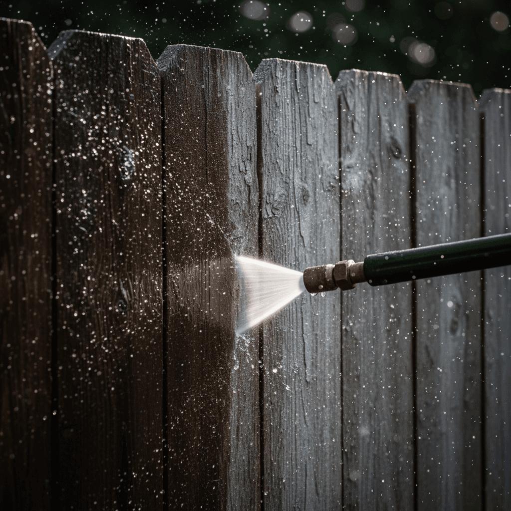 Water spray hitting a wooden fence with a clear line between clean and dirty wood