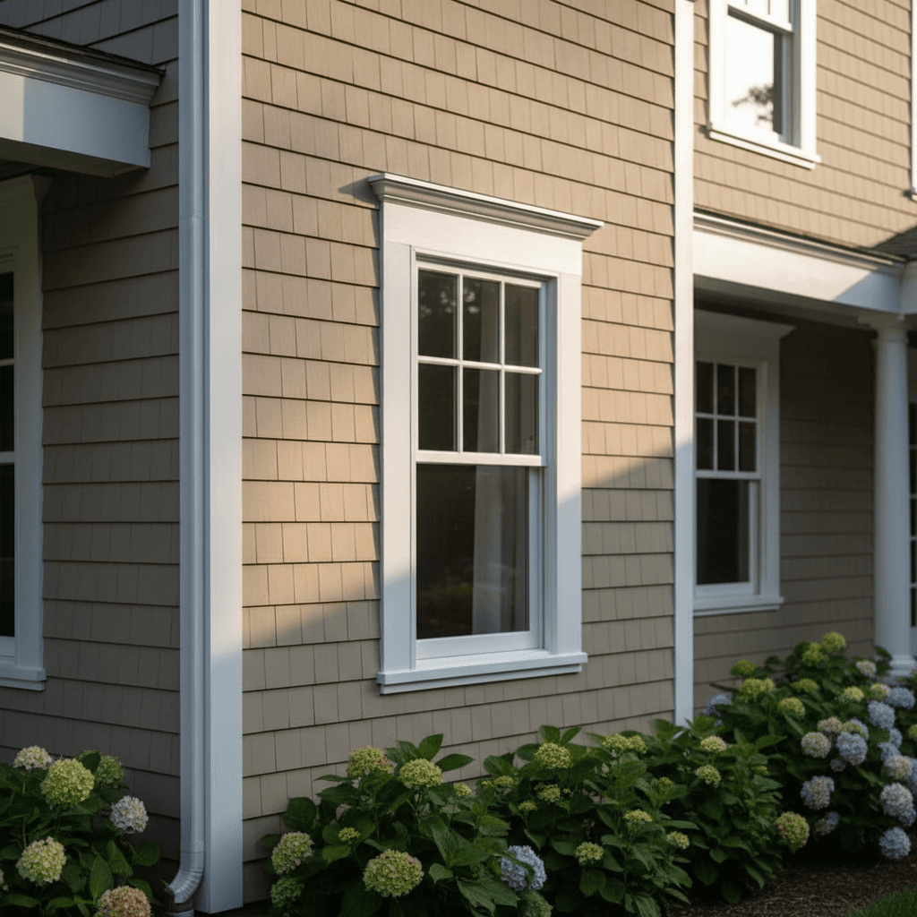 Freshly painted white window trim on a colonial home facade with smooth finish