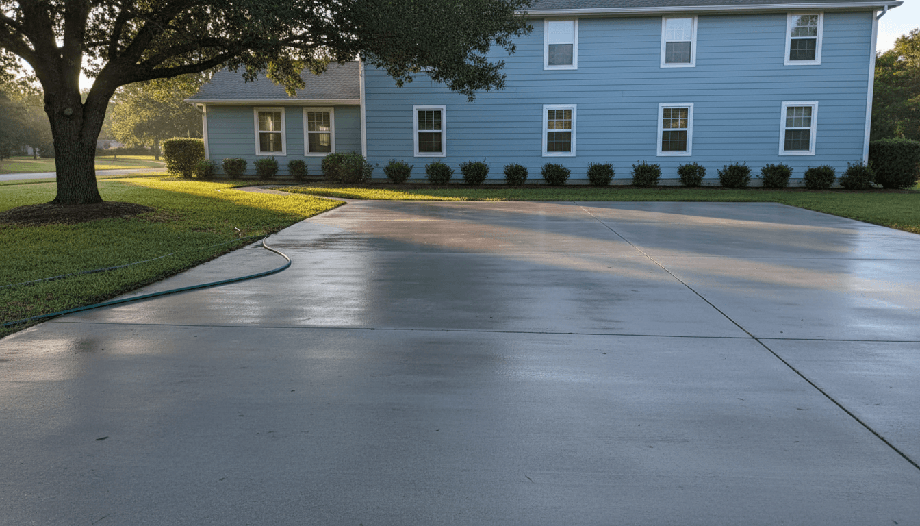 Clean concrete driveway after power washing with a house in the background