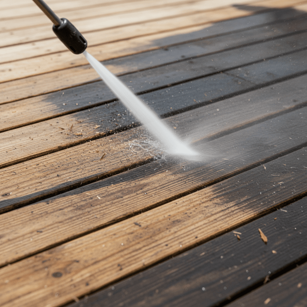 Pressure washer spray cleaning weathered deck boards with debris splashing