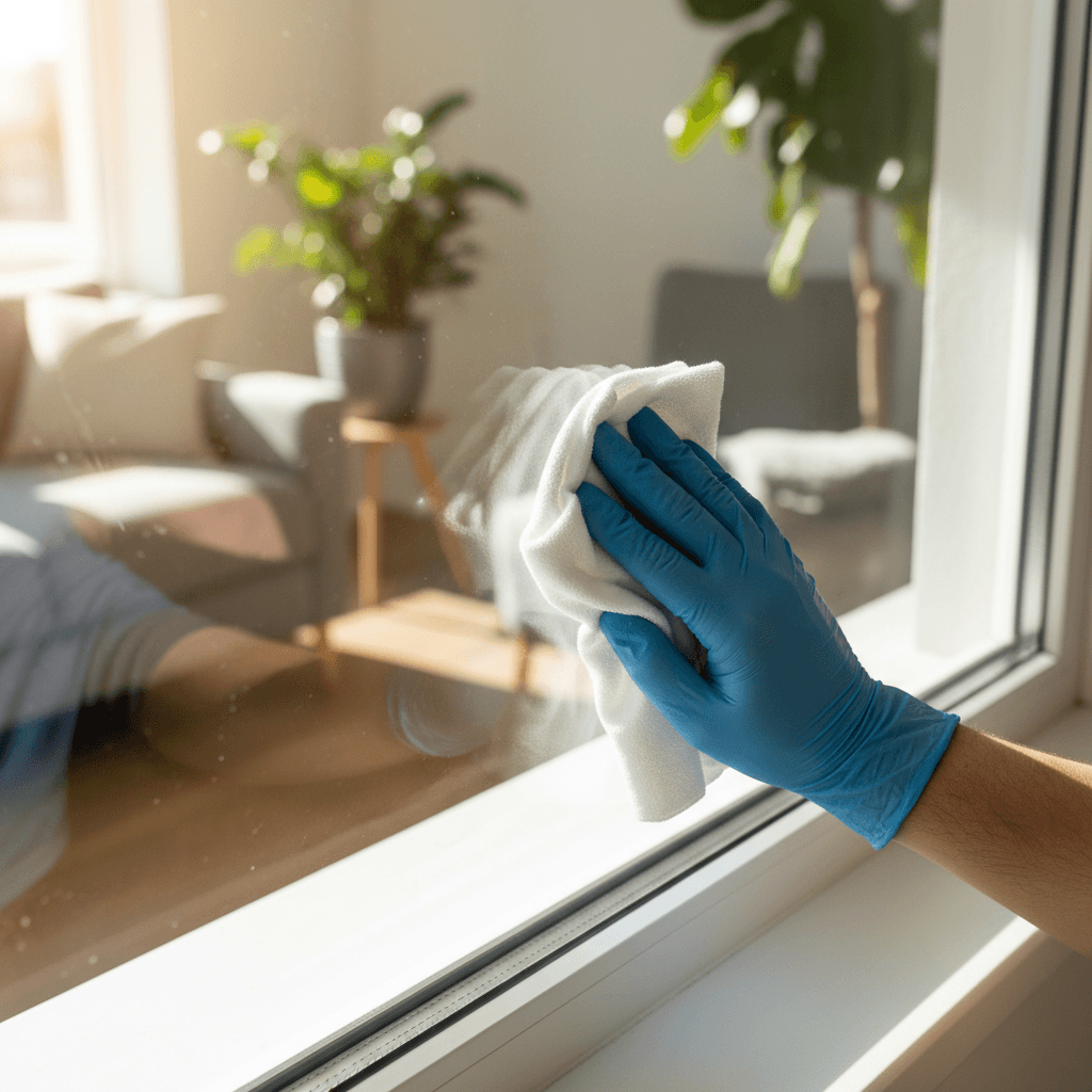 Hand wiping a window pane clean, showing a streak-free finish