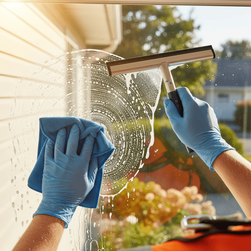 Husband and wife team standing together with work gloves and a pressure washer