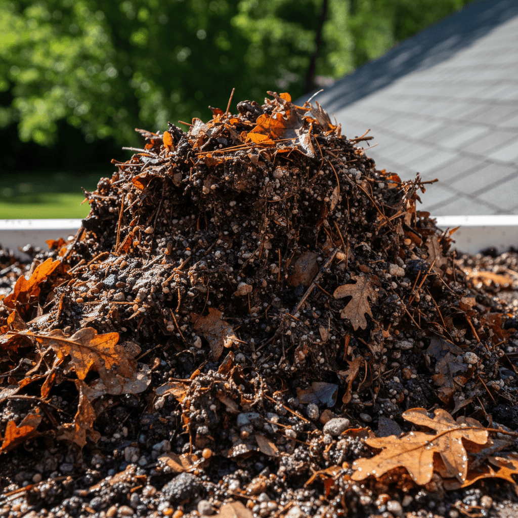 Gloved hand pulling wet leaves and debris from a house gutter