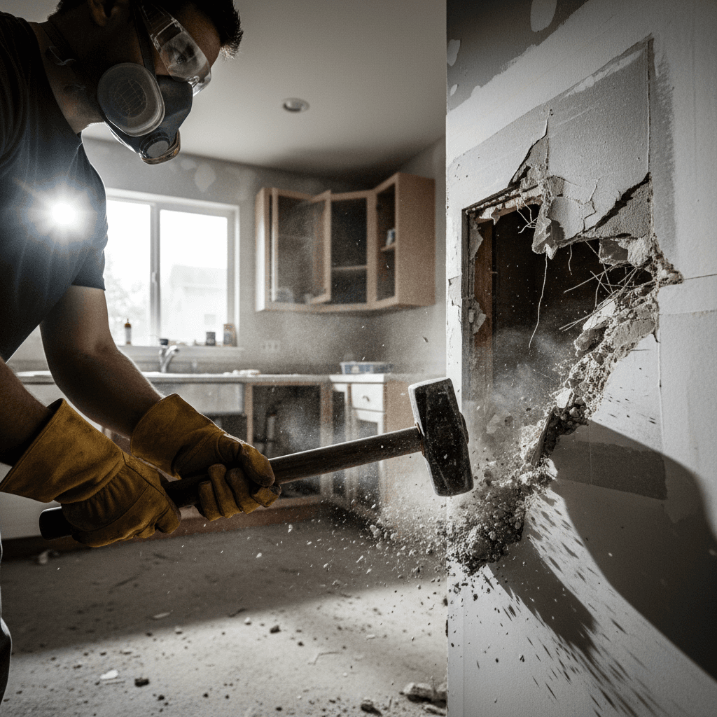 Interior demolition work showing a removed wall section with exposed studs and debris bags