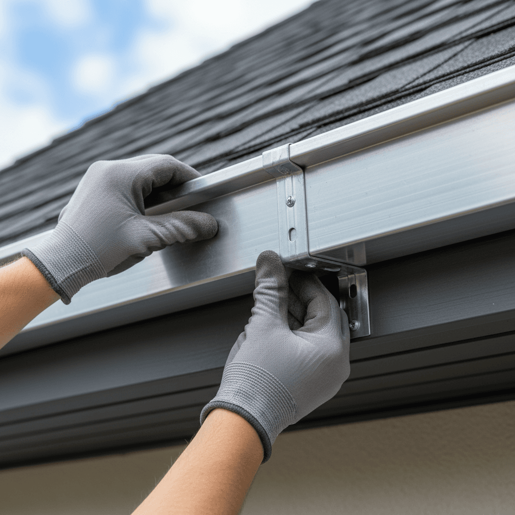 Hand-cleaning a clogged residential gutter filled with wet leaves and debris