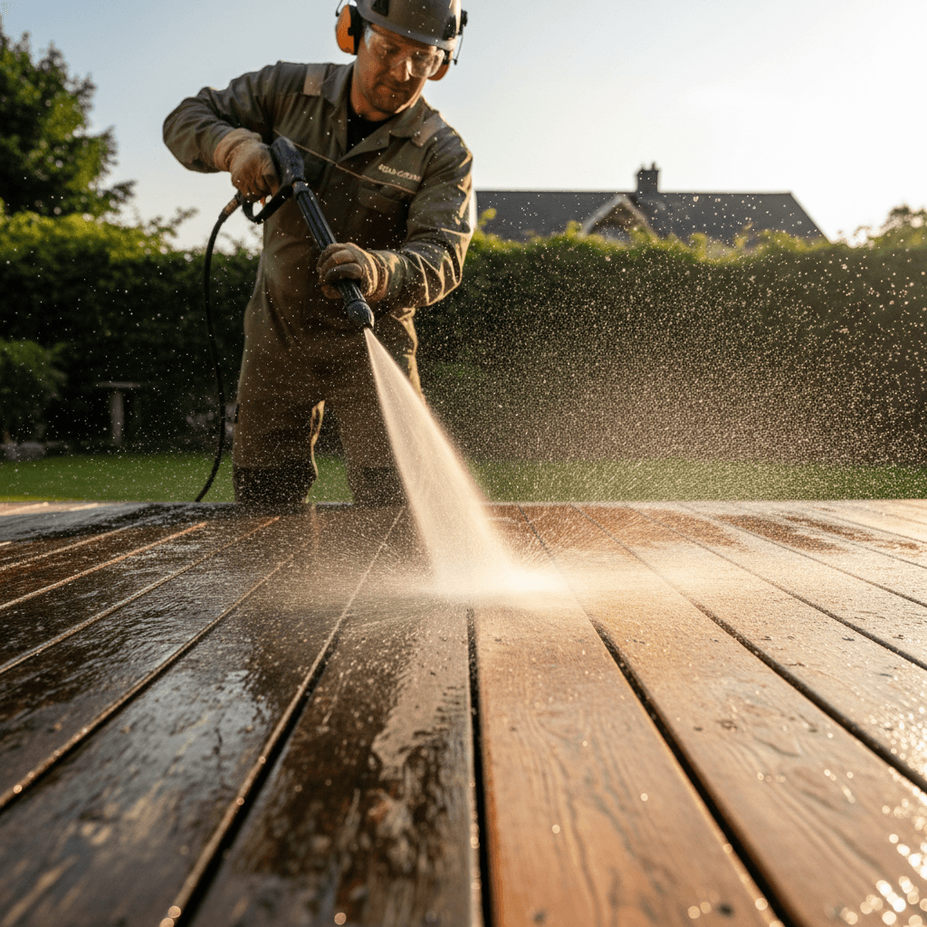 Hand-held power washing wand spraying water on a wooden deck