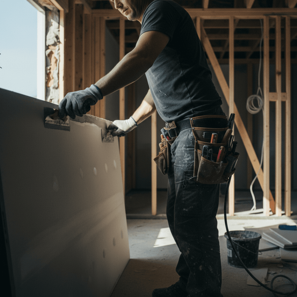 Contractor pulling down drywall in a room cleared for demo