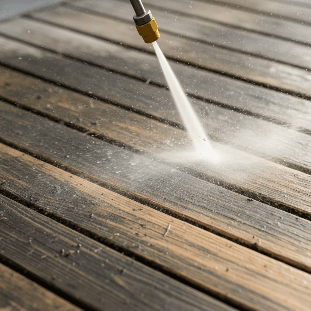 Pressure washing a wooden deck, showing the clean line between washed and weathered wood
