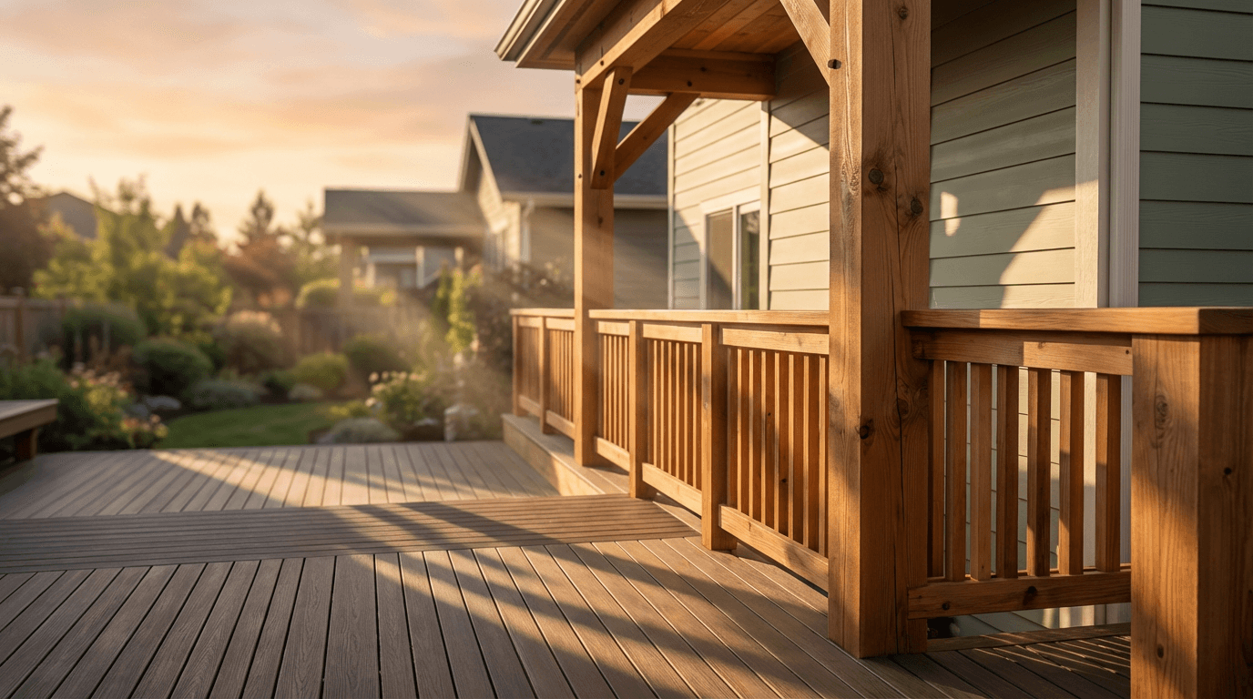 Freshly restored wooden deck with a warm finish, low sun highlighting wood grain