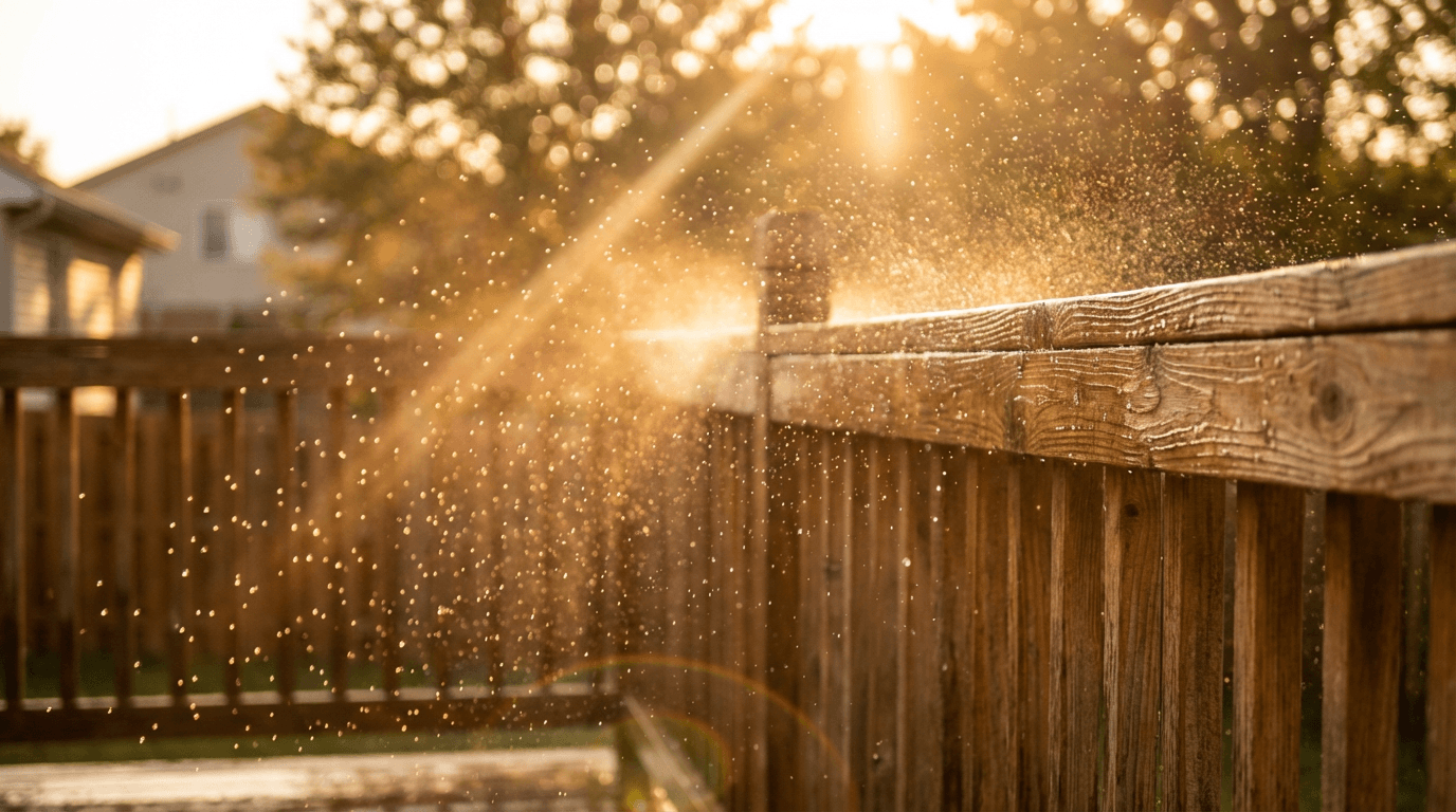 Pressure washer spraying water across a weathered wooden deck