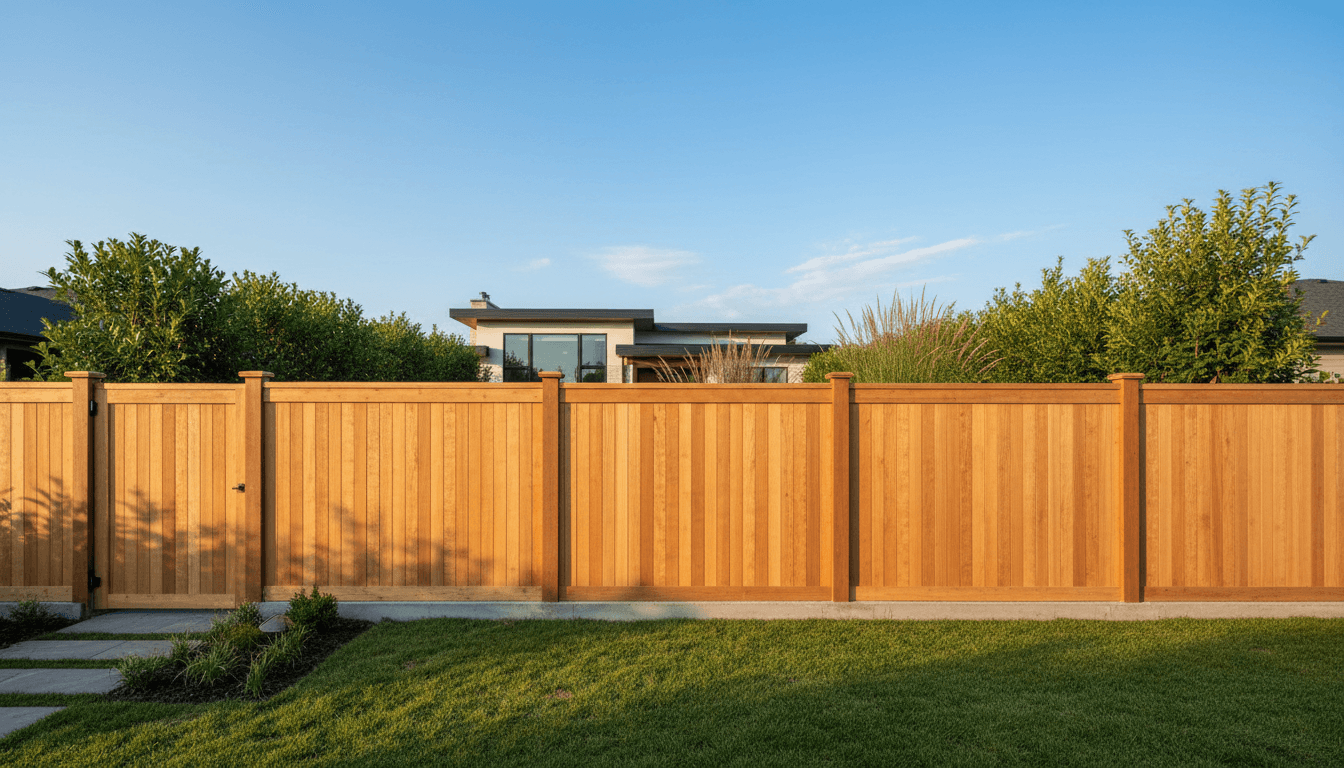 Wooden fence showing clean section next to weathered section with sealer supplies nearby
