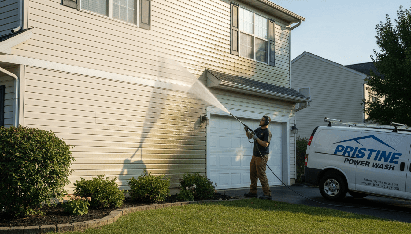 Pressure washer set up beside a two-story home showing the contrast between dirty and clean siding