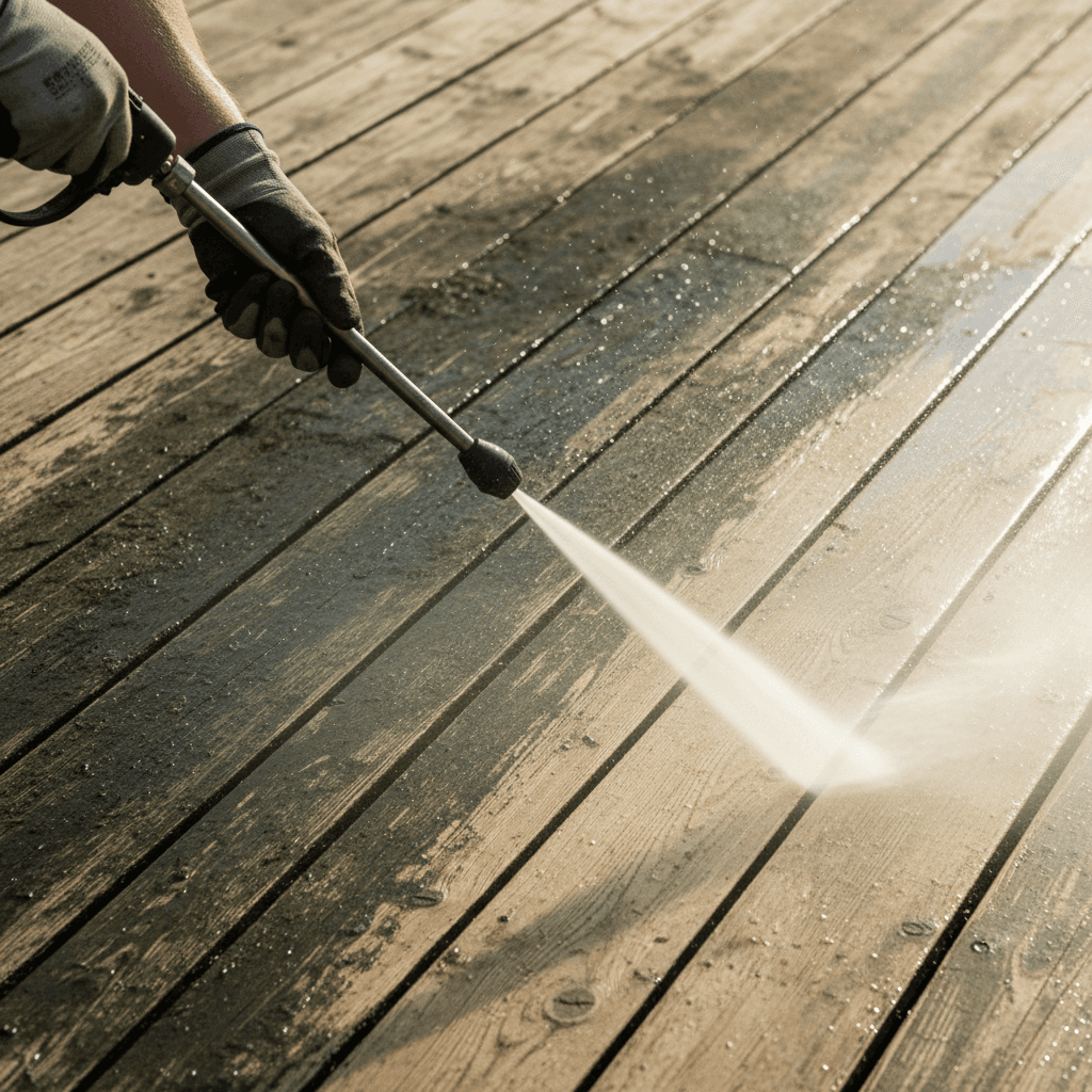 Pressure washer spraying water on a wooden deck, cleaning line visible